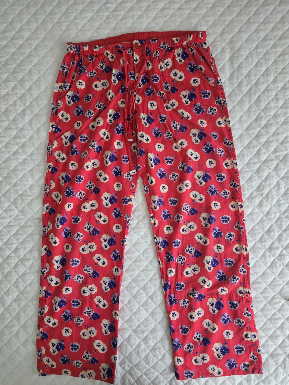 Floral Red Women's Lounge Sleep Pants with Elastic Waist Cotton Size M